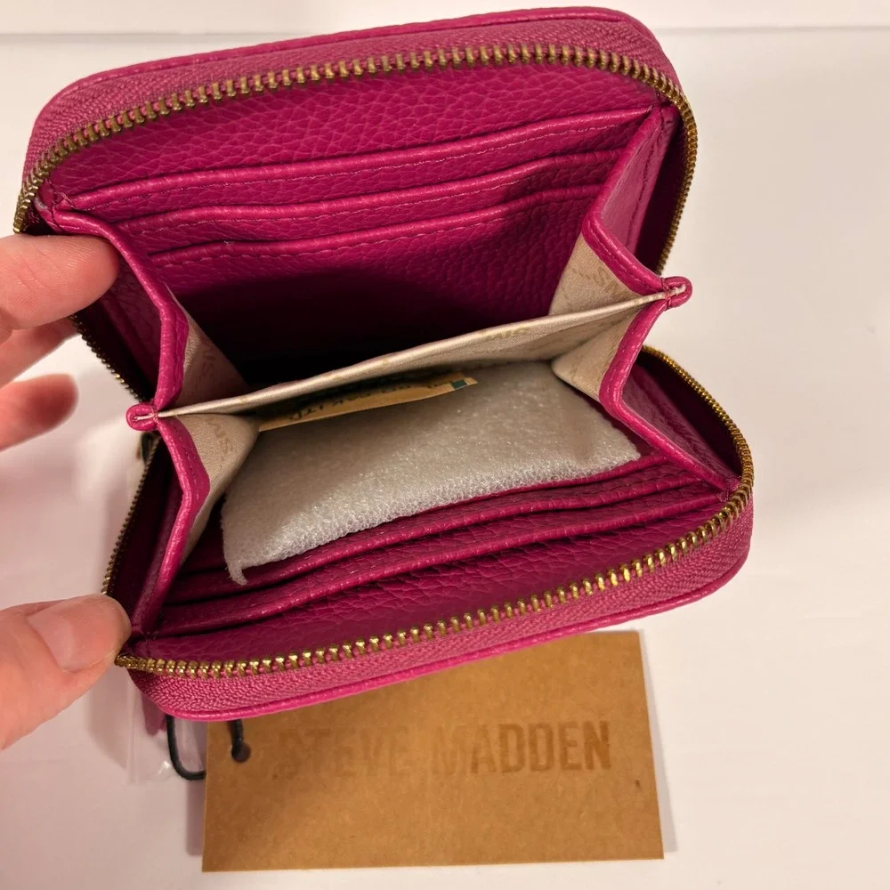 Steve Madden BCARDY Dark Fuschia Half Zip Around Wallet Pebbled Faux Leather New